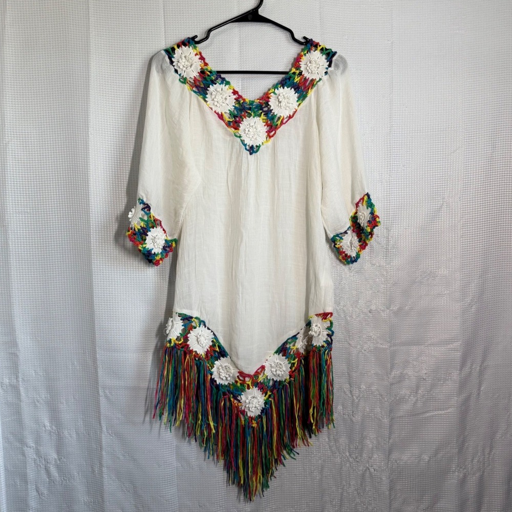 ASHA Tunic Dress Rayon Crochet Floral Fringe Rainbow Boho Festival Coverup